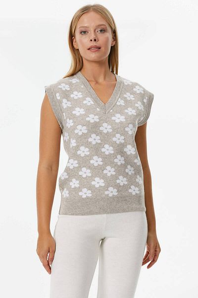 Sementa V-Neck Floral Motif Knitwear Sweater - Mink