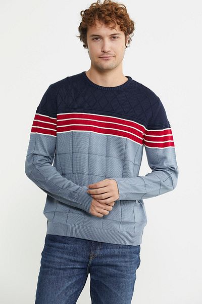 Sementa Pulover tricotat cu decolteu albastru cu model bloc