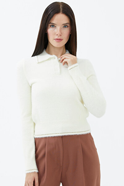 Sementa Polo Yaka Patlı Düğmeli Triko Kazak - Kemik