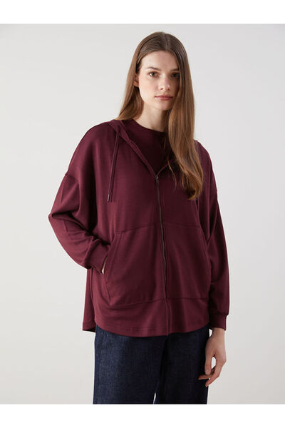 LC Waikiki Burgundy Hooded Oversize Women's Zippered Sweatshirt