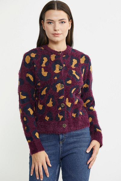 Sementa Cardigan din tricotaje cu barbă cu model leopard burgundy