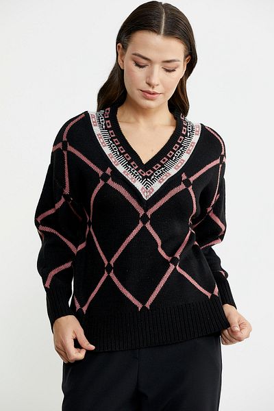 Sementa Pulover de tricotaj din lână neagră - Jacquard cu modele multiple