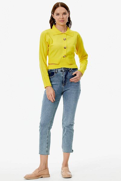Sementa Piesă Detaliată Guler Polo Cu nasturi Tricotaj Crop - Galben deschis
