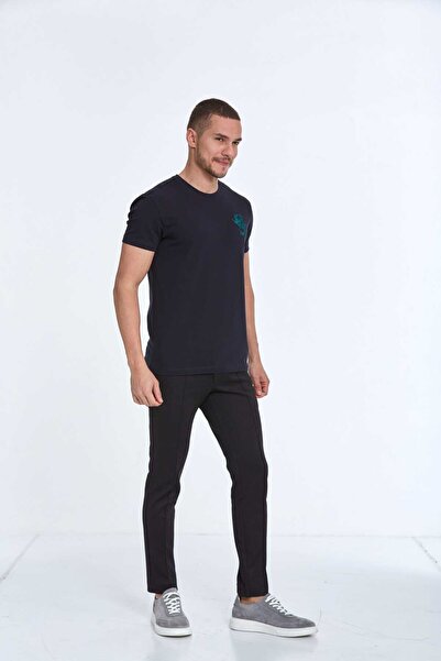 Voltaj Бавовняна футболка з велосипедним коміром і вишивкою рибок, темно-синя