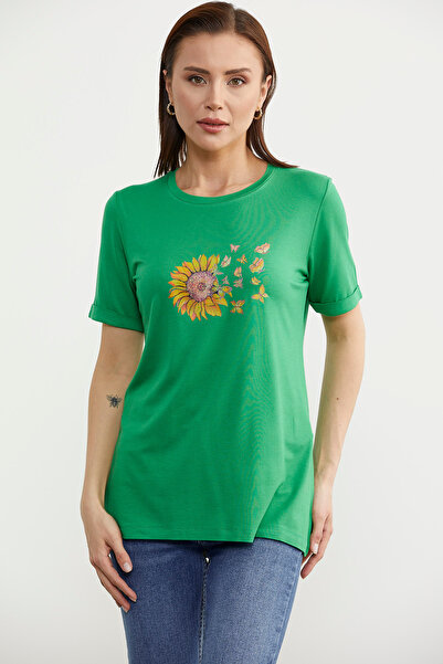 Sementa Πράσινο εμπριμέ βασικό χτενισμένο βαμβακερό μπλουζάκι