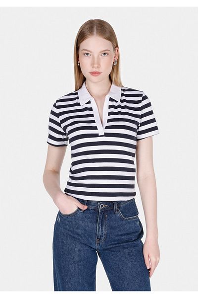Colin's Tricou alb cu mânecă scurtă pentru femei, cu guler polo, în dungi