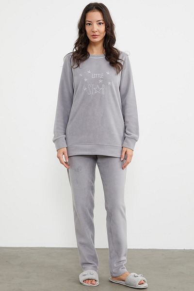 Sementa Embroidery Detailed Fleece Pajama Set - Gray