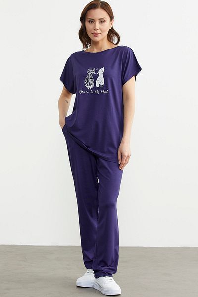 Sementa Navy Blue Printed Trousers and Blouse Combed Cotton Set
