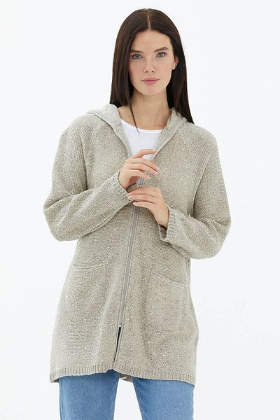 Sementa Hooded Zippered Sequin Knitwear Cardigan - Mink
