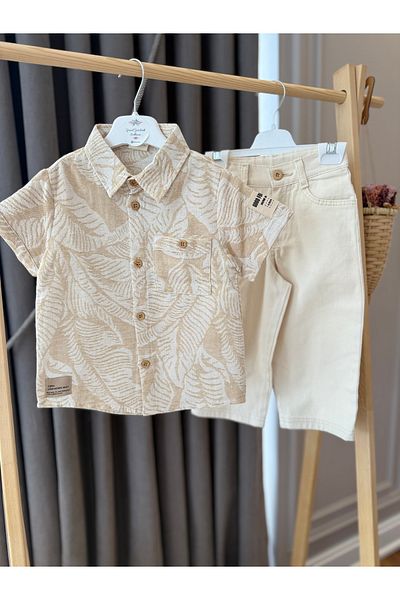 Baby Babyaden Leaf Pattern Linen Shirt , Coton Trousers with Adjustable Waist Birthday Boy Set
