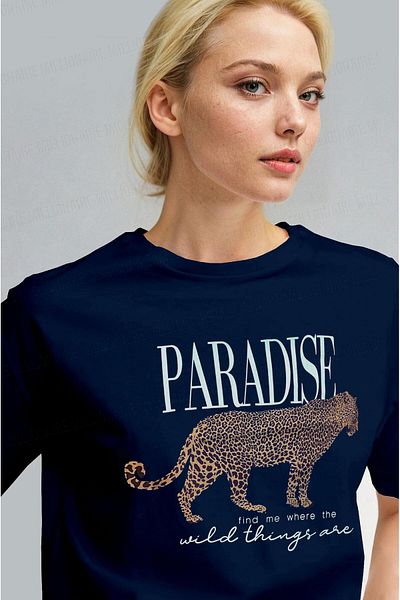 Millionaire Dámské tričko s krátkým rukávem Relax Fit v námořnické modré Paradise Leopard Combo
