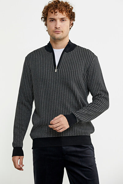 Sementa Black Stand Collar Half Zipper Knitwear Sweater