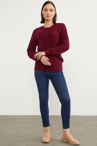Sementa Honeycomb Knitted Buttoned Knitwear Cardigan - Claret Red