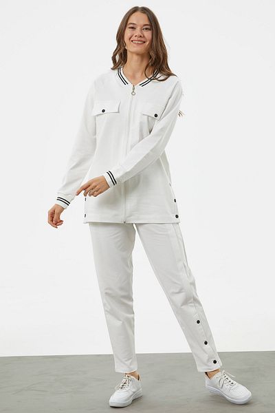 Sementa Knitted Collar Zippered Tunic Tracksuit Set - Ecru