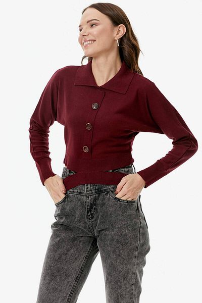 Sementa Piesă Detaliată Guler Polo Tricotaj cu nasturi Crop Roșu Claret