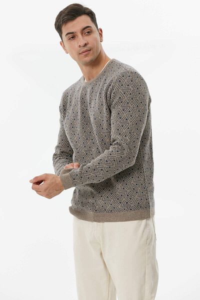 Sementa Men's Crew Neck Patterned Knitwear Sweater - Milky Brown