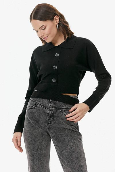 Sementa Piesă Detaliată Guler Polo Cu nasturi Tricotaj Crop - Negru