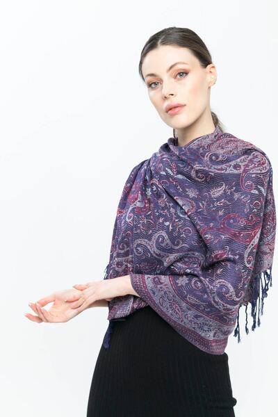 K&B PASHMINA شال - أزرق داكن وأحمر - خالي من البوليستر