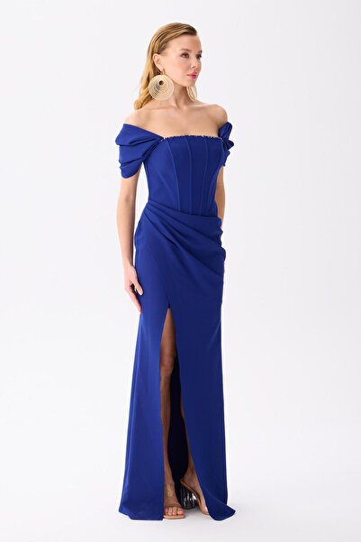Carmen Saks Back Tie Crepe Evening Dress