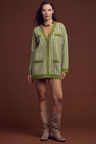 Sementa Jachetă verde oversize din tricotaj - Motiv Houndstooth