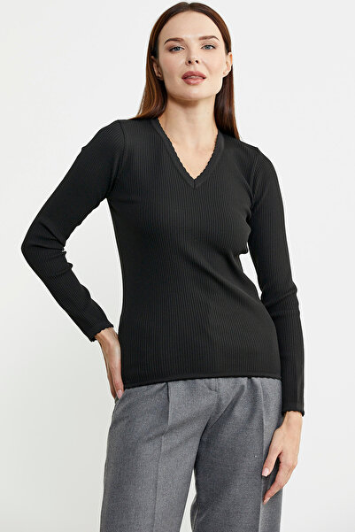 Sementa Black Basic Corded V-Neck Knitwear Sweater