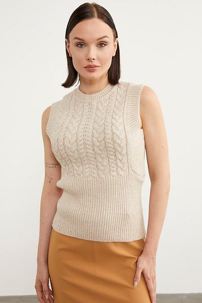 Sementa Hair Knitted Knitwear Sweater with Sitting on the Waist - Stone