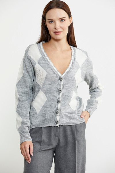Sementa Gray Diamond Patterned Double Colored Wool Knitwear Cardigan