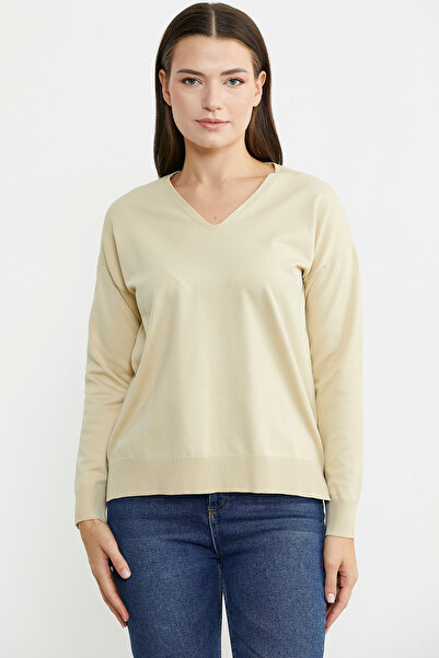 Sementa Крем V-подібний трикотажний светр з об'ємним коміром