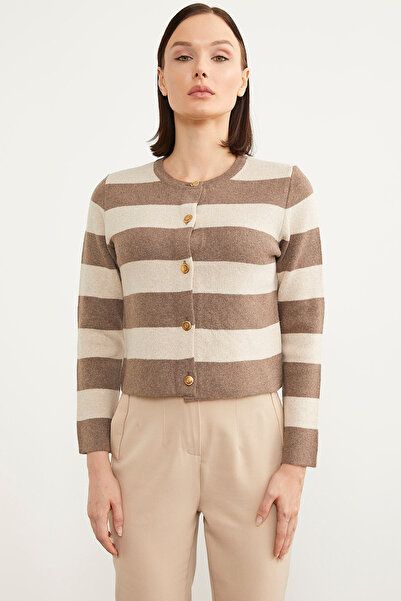 Sementa Ριγέ Κοντό Πλεκτό Ζακέτα - Milk Coffee