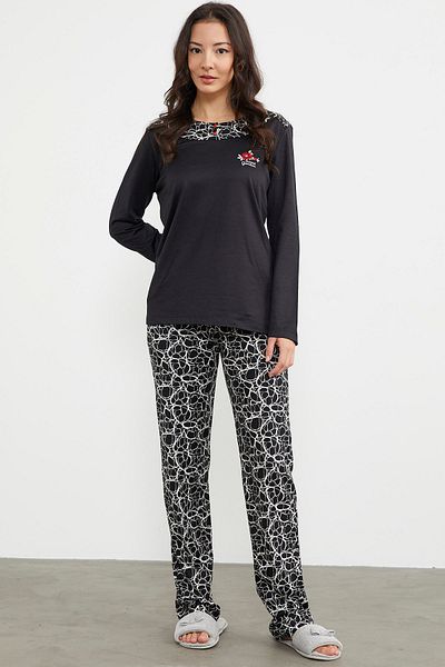 Sementa Set pijama cu maneci lungi cu model mixt - negru