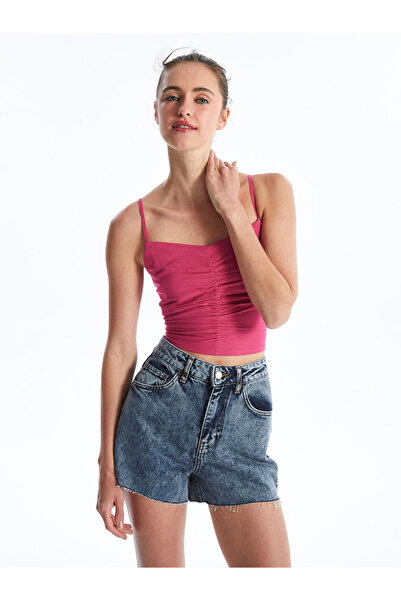 LC Waikiki Fuchsia Heart Collar Flat Strap Linen Mixed Women's Dress Cropped