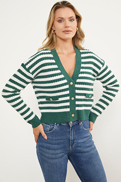 Sementa Смугастий трикотажний кардиган з кишенями - зелений