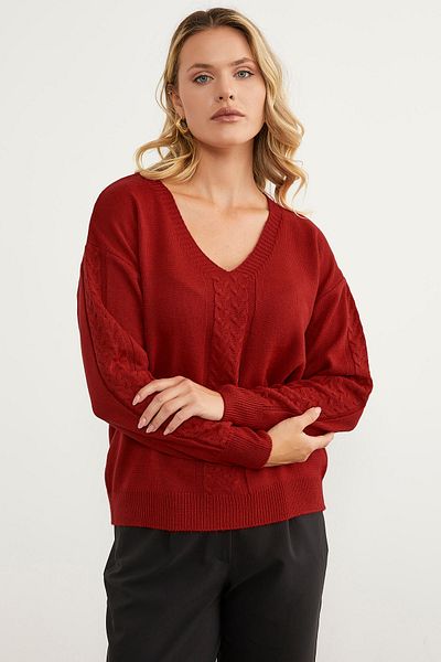 Sementa V-Neck Knitwear Sweater with Hair Knit Detail - Red
