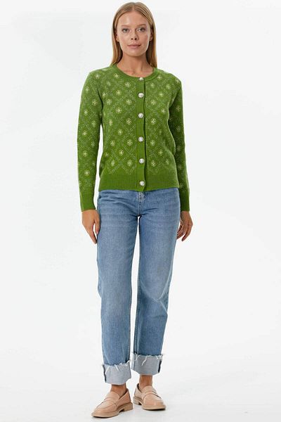 Sementa Green Pearl Button Floral Patterned Knitwear Cardigan