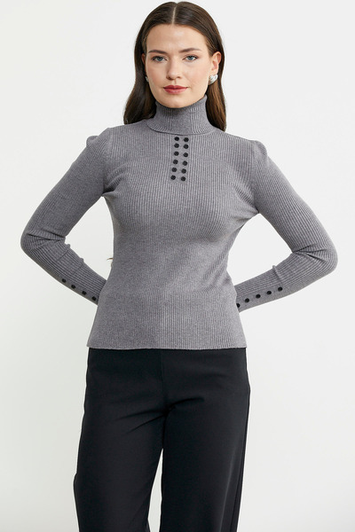 Sementa Full Turtleneck Buttoned Sweater - Gray
