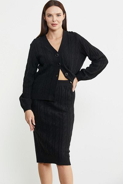 Sementa Black Wool Knitwear Set - Hair Knitted Motif Skirt