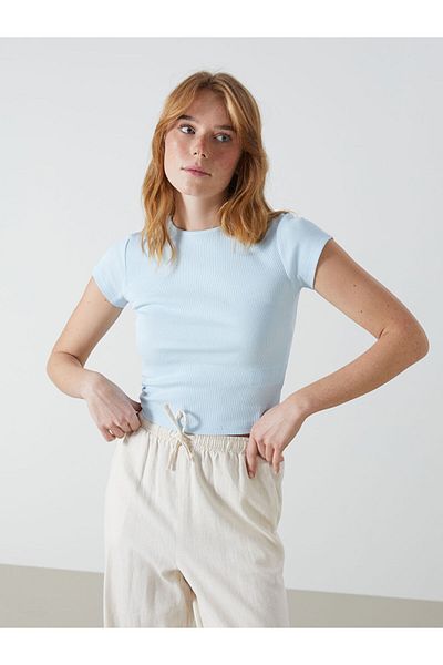 LC Waikiki Xside Blue Crew Neck Textured Women's Crop