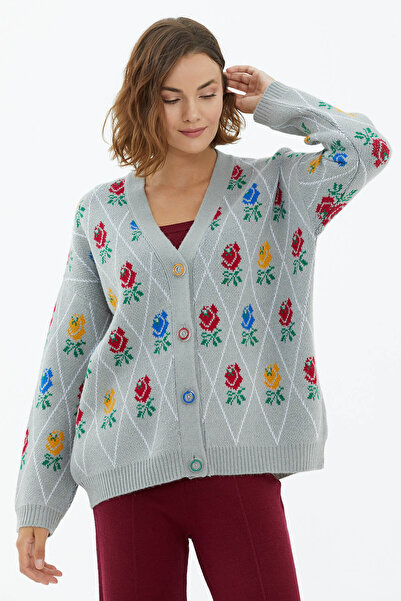 Sementa V-Neck Buttoned Rose Patterned Knitwear Cardigan - Gray