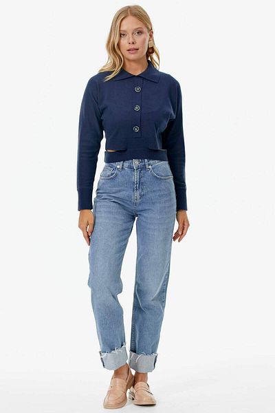 Sementa Piesă Detaliată Guler Polo Cu nasturi Tricotaj Crop - Bleumarin