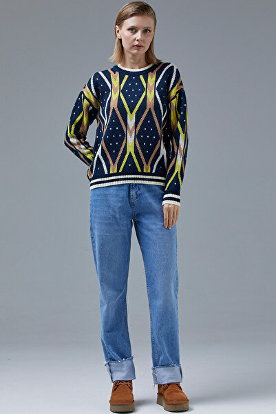 Sementa Colorful Diamond Patterned Wool Knit Sweater - Navy Blue