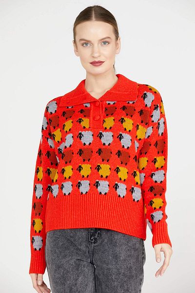 Sementa Pulover tricotat cu guler polo cu model de miel - roșu