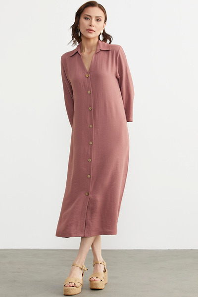 Sementa Rahat Kalıp Midi Boy Düğmeli Elbise - Gül