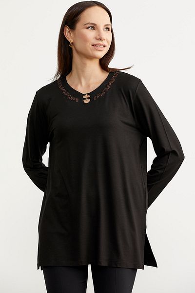 Sementa Tricou din bumbac pieptănat cu mânecă lungă cu guler brodat - negru