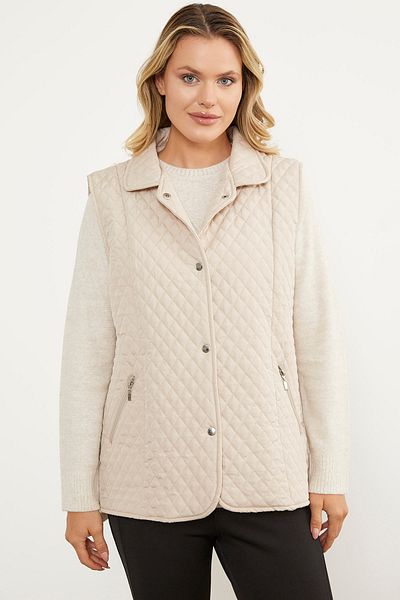 Sementa Quilted Vest with Snap Fastener Zipper Pocket - Stone