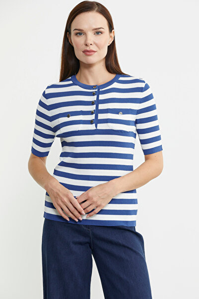 Sementa Düğme Detaylı Çizgili Triko Kazak - Mavi
