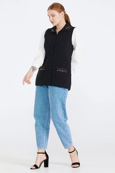 Sementa Women's Buttoned Knitwear Vest with Pockets - Black