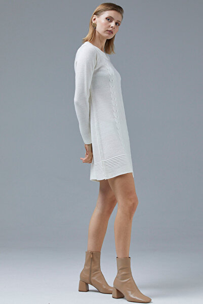 Sementa Diz Üstü Saç Örgü Motifli Triko Elbise - Kemik