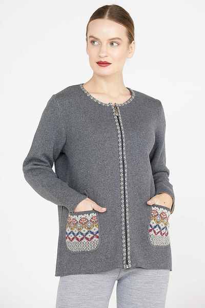 Sementa Women's Zippered Pocket Knitwear Jacket - Dark Gray - Cream