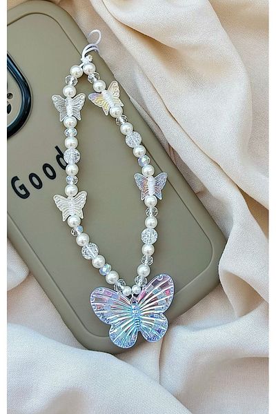 MİRAZ TASARIM Mirztasign Pearl and Glass Beads Waging Big Butterfly Phone Charm Phone String
