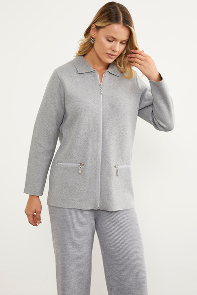 Sementa Pocketed Shirt Collar Zippered Knitwear Cardigan - Light Gray